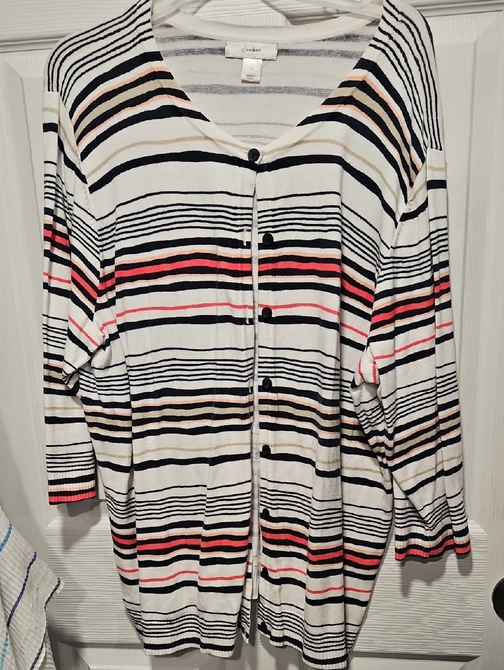 CJ Banks Striped Cream Cardigan with Black, Coral and Tan Stripes